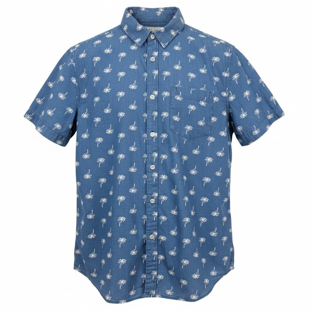 Cactus Button Down Shirt Mens Medium Blue Palm Tree Print Short Sleeve Cotton‎